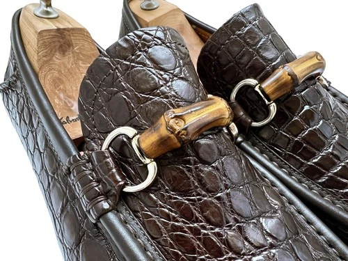 $4400 Gucci Crocodile Alligator Shoes Bamboo Silver Bit Drivers Loafers US 10.5