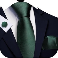 Dark Green Tie Sets for Men Silk Solid Necktie Stain Ties Handkerchief Pocket.