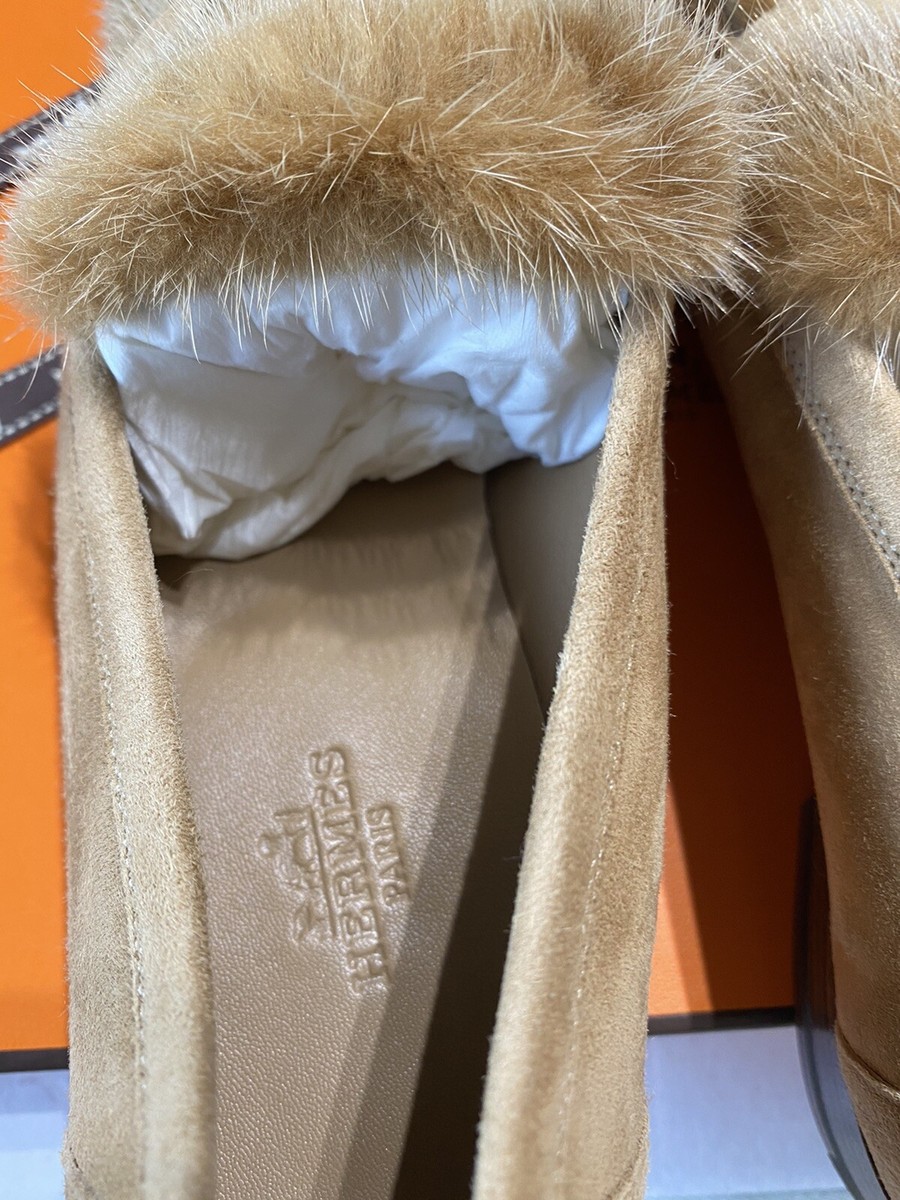 Hermes Loafers Mink Fur Suede Goatskin Paris Brown Gold