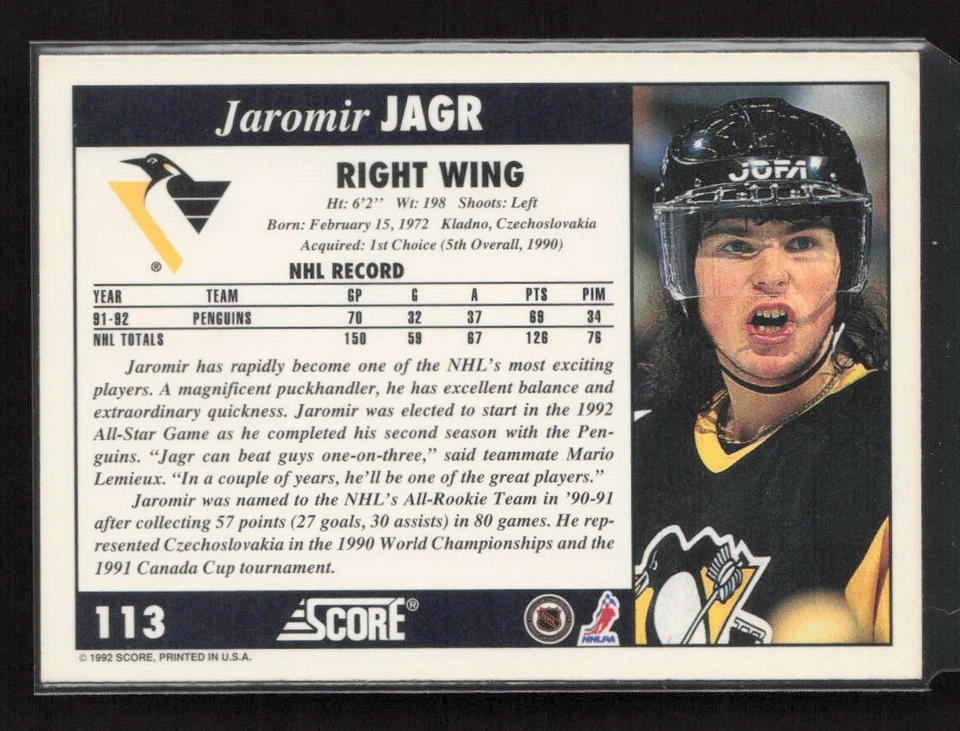 1992-93 Score #113 Jaromir Jagr Pittsburgh Penguins - Image 2 of 2