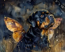 Rottweiler with elegant fairy wings and a starry night w 8x10 Print