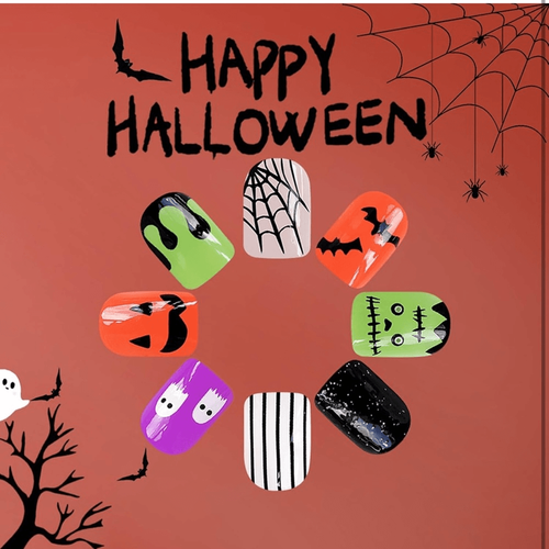 24 Halloween Press On Nails Square Ghost Face Glitter Short Orange Green Purple - Picture 5 of 9