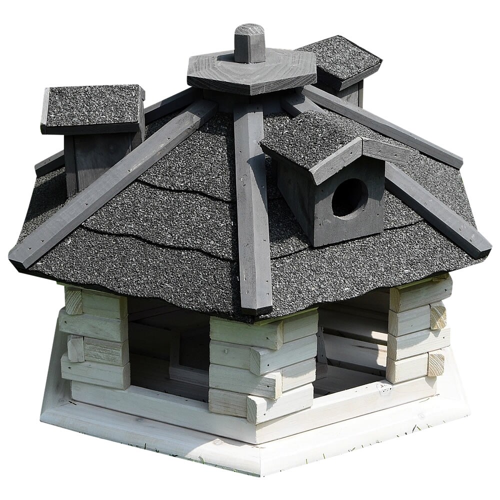 XXL Premium Vogelhaus Aus Holz – Sechseckig, Mit 3 Gauben, Ø 48 Cm, Höhe 35 Cm, Optional Mit Ständer & Solar