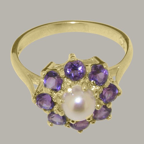 Solid 18k Yellow Gold Pearl & Amethyst Womens Cluster Ring - Sizes 4 to 12 - Picture 4 of 5