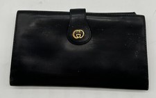 Gucci Vintage Gold GG Logo Black Leather Flap Rectangle Wallet w/ Coin Pouch