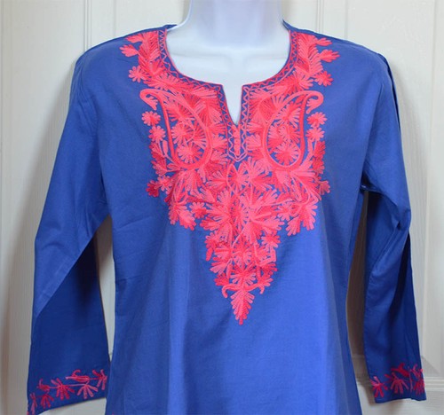 ¡Blusa Kurti Top Túnica Top Algodón Color Azul Bordada Rosa de la India!¡! - Imagen 2 de 4