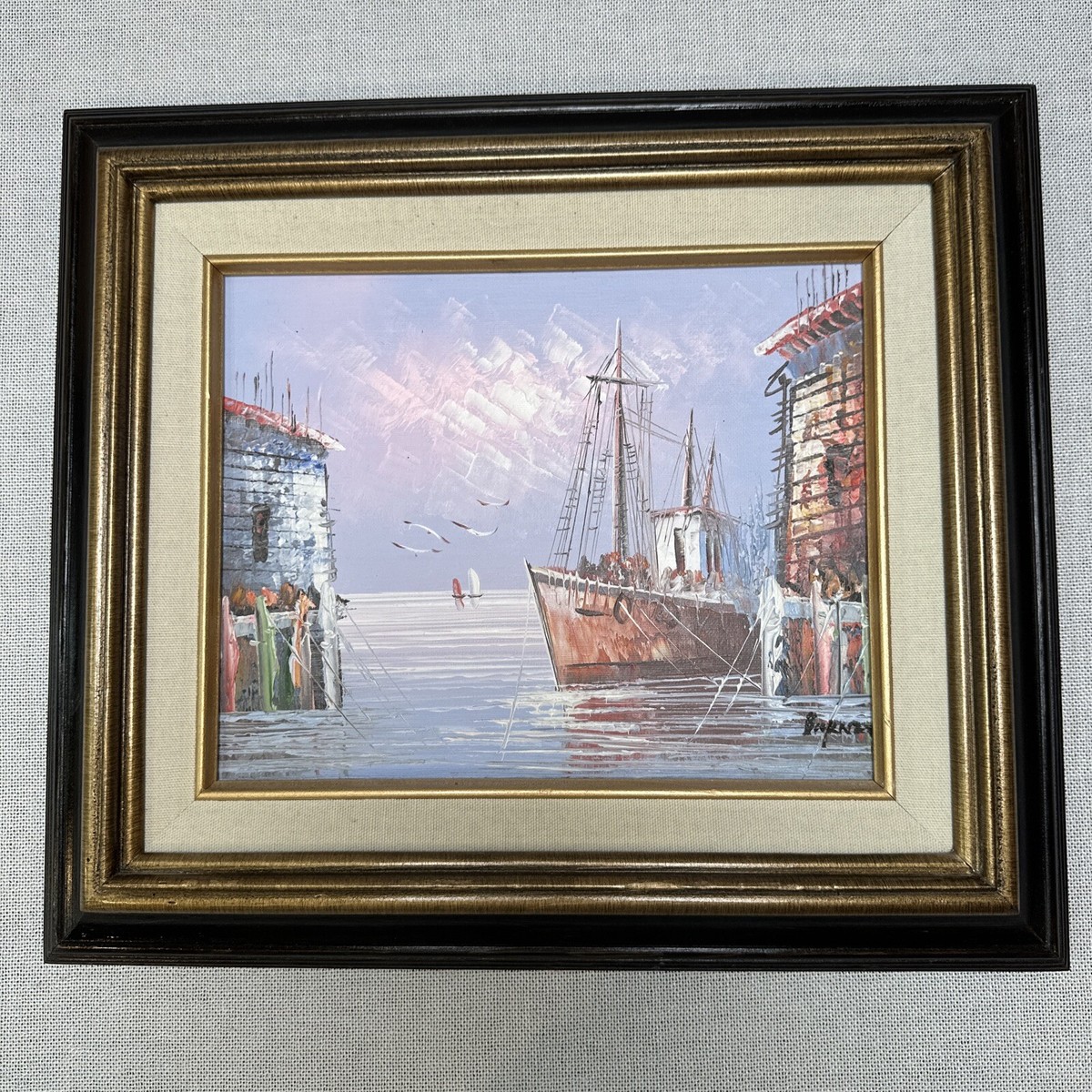 Signed Burnett Harbor Scene Oil Painting Framed Ship Seascape