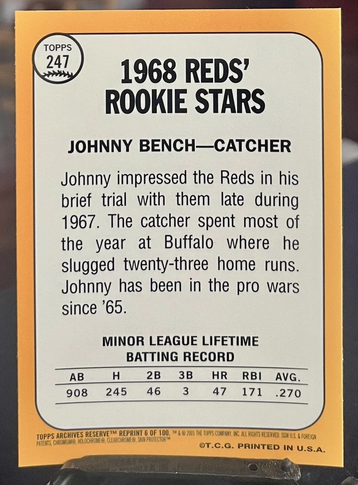 2001 Topps Archives Reserve Baseball #6 Johnny Bench Cincinnati Reds ROOKIE - Image 2 of 2