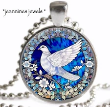 Dove Necklace Faux Stained Glass ART PRINT Holy Spirit Silver Charm Pendant