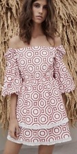 ALEXIS Dress Womens Size Medium Lezah Red Eyelet Cotton Off Shoulder Tiered Mini
