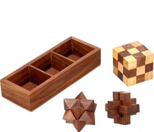 3-in-One Wooden 3D Puzzle Games Set Interlocking Brain Teaser Teens Adults - NEW