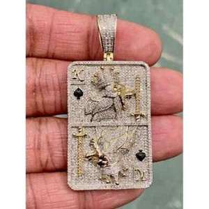Authentic 7Ct Round Real Moissanite King Lion Card Poker Pendant 14K Yellow Gold Plated