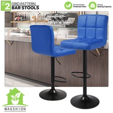Blue Set of 2 Adjustable Swivel Counter Height Bar Stools PU Leather Pub Chairs