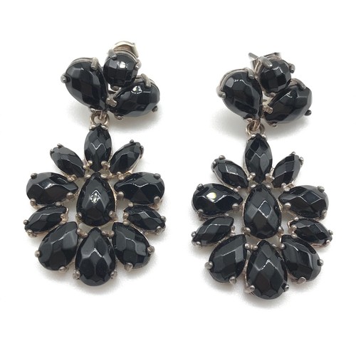 Vintage 925 Sterlingsilber facettierte schwarze Onyx Blume Statement Ohrhänger