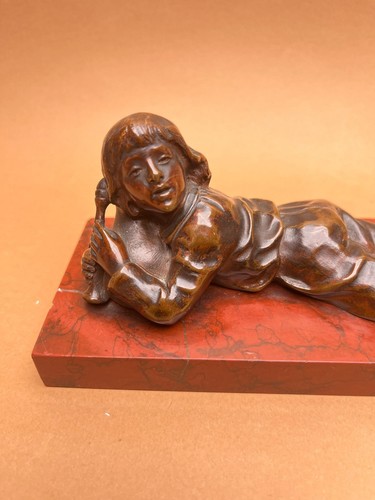 Jean Garnier Signed Bronze Boy Flute Red Marble Base Antique French Sculpture - Picture 3 of 6