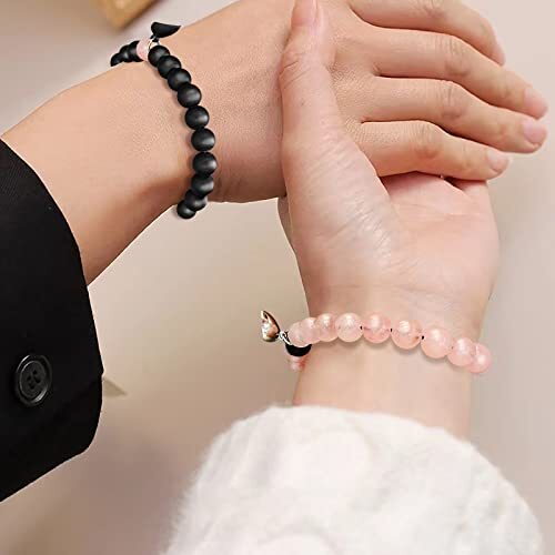 2 Pieces Magnetic Couple Bracelets,Natural Stone Black Matte balck and pink H - Picture 4 of 7