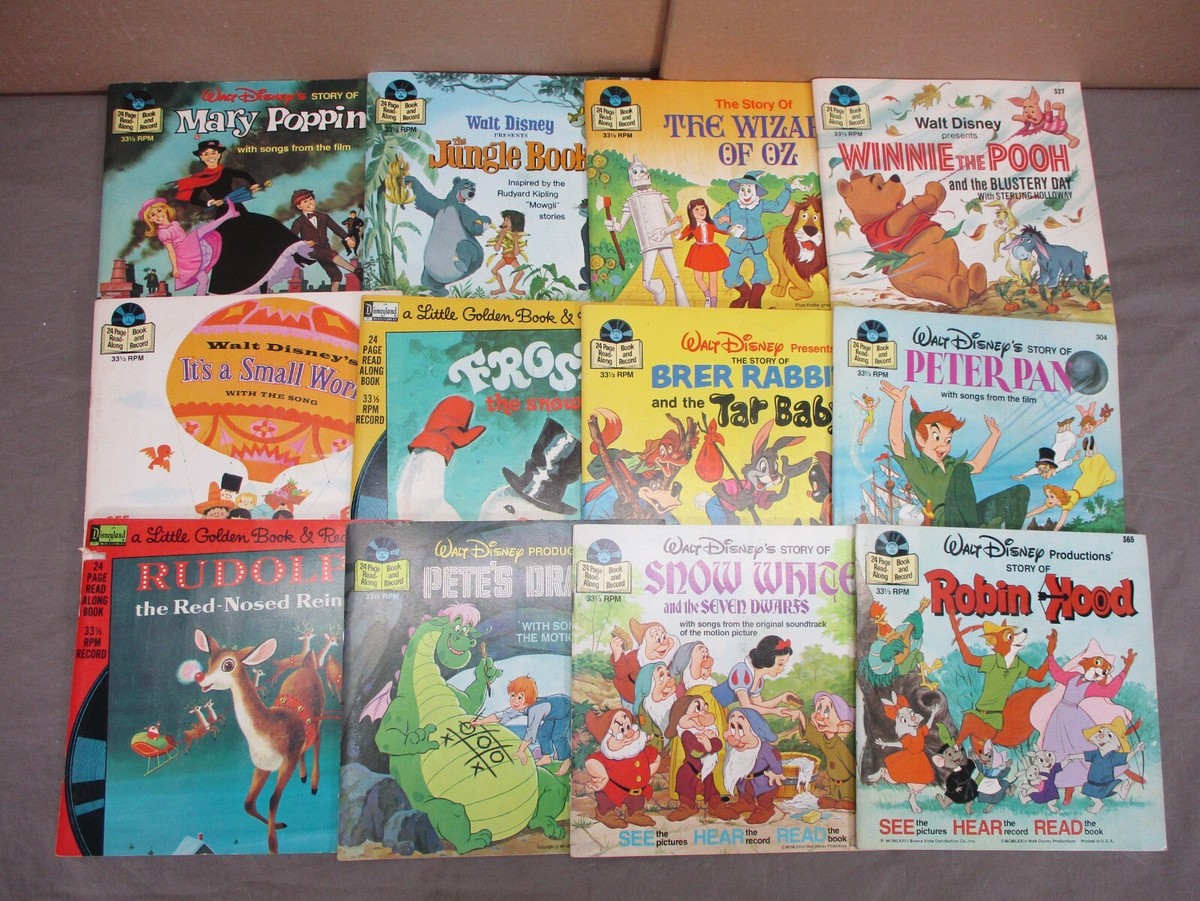 12 Vintage WALT DISNEY DISNEYLAND BOOK & RECORD 33 1/3 Rpm VINYL