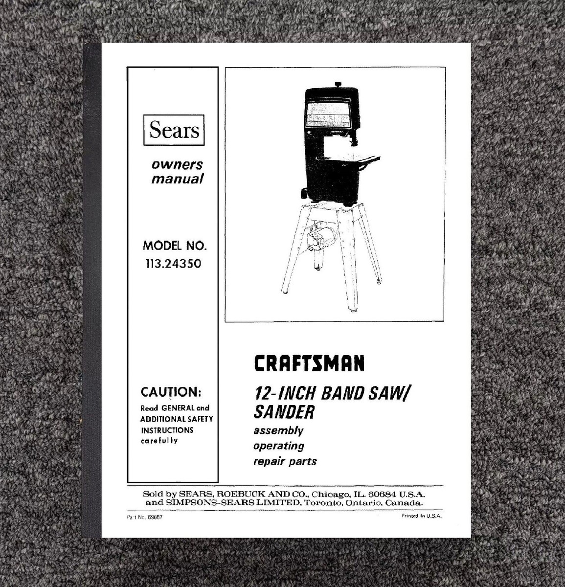 Operator Instruct & Parts List Manual Fits Sears Craftsman 12