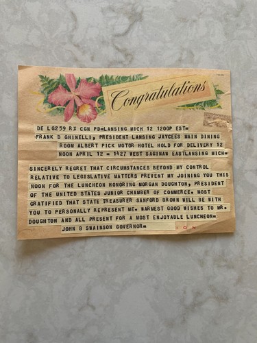 Telegram from Michigan Governor John Swainson, early 1960's
