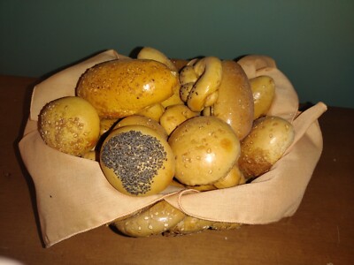 Vintage Faux Pretzel Basket Seeded Bread Rolls Fake Food Decor tv Prop Display
