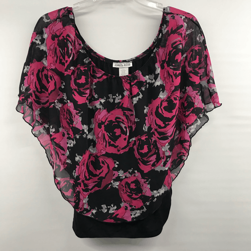Carol Rose Vintage Womens Size S Blouse Pink/Black Floral Off-Shoulder Layer Top