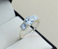 Natural Aquamarine March Birthstone 925 Sterling Silver Three Stone Women Ring