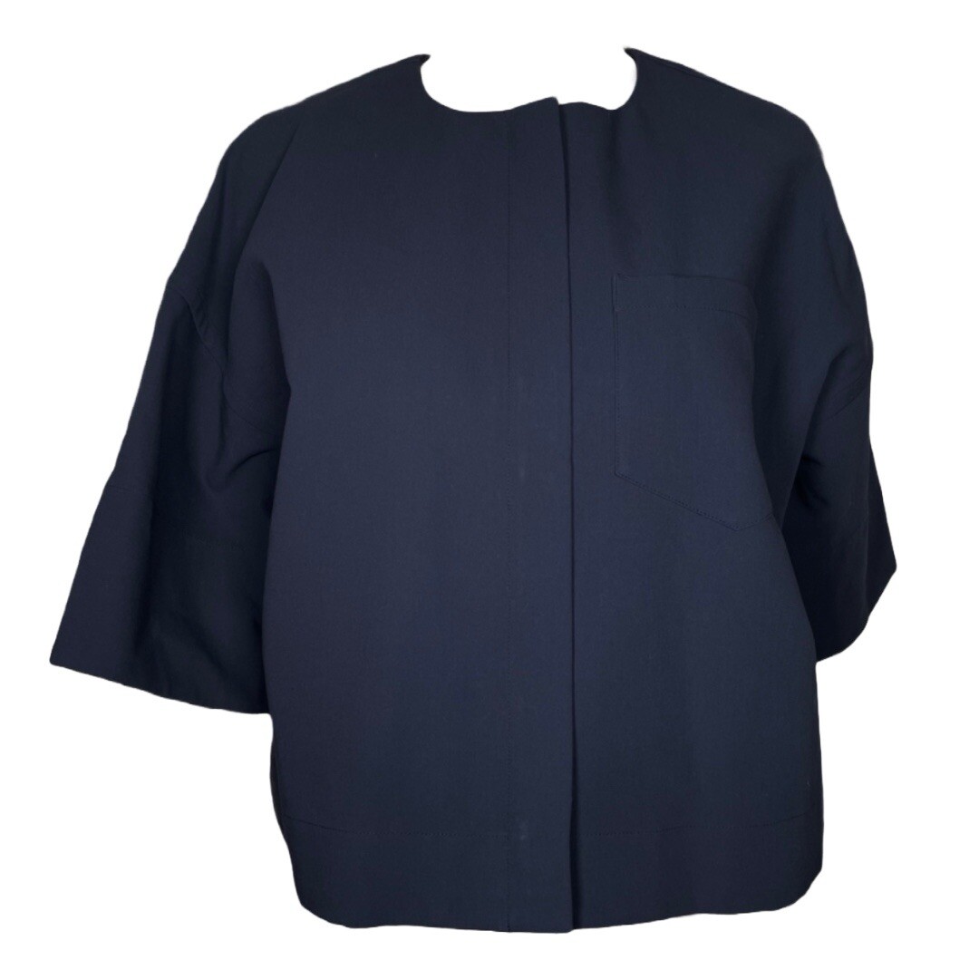 Jil Sander Navy Blue Oversized Cropped Short Sleeve Zip Up Jacket Jil Sander Navy Blue Oversized Cropped Short Sleeve Zip Up Jacket