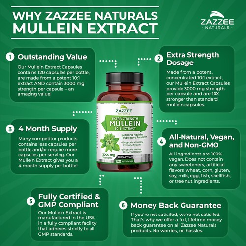 Zazzee Extra Strength Mullein 10:1 Extract, 3000 mg Strength, 120 Vegan Capsules - Picture 6 of 9