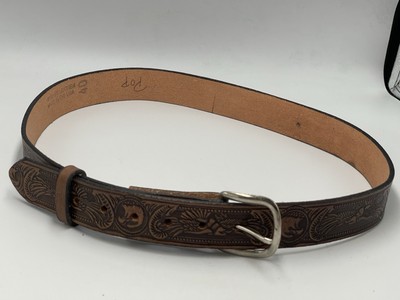 Tooled Leather Brown Eagle Western Cowboy Men s Belt Marked POP 40  NWOT