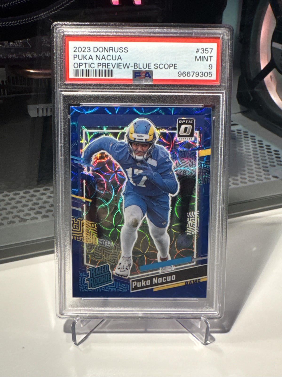 2023 Donruss Optic Preview Rated Rookie Puka Nacua #357 Blue Scope Prizm PSA 9