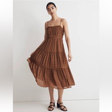 Madewell NWT Sophia Cami Tiered Midi Dress in Dot Brown Tie Back #NK473, Size 6