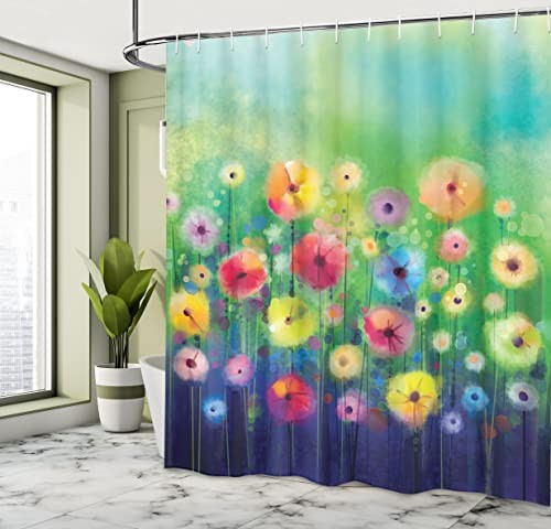 Flower Shower Curtain, Watercolor Style Blossoming Flowers Composition - Picture 5 of 5