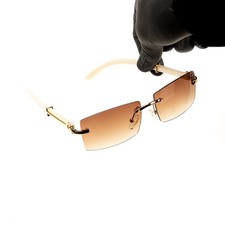 Hip Hop Gold Frame Brown Tint Rimless White Woodgrain Arm Buffs Sunglasses