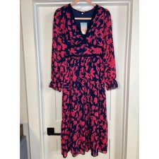 Navy Blue Pink Floral Print Midi Dress Womens Small Long Sleeve V Neck Coquette