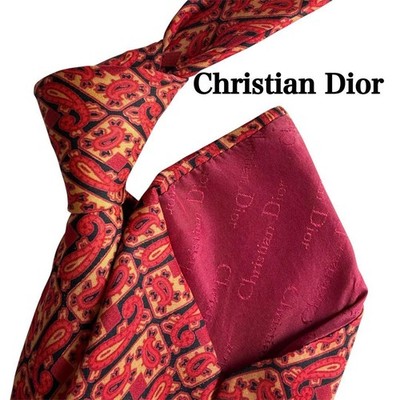 Christian Dior Orange Red Paisley Pattern Tie -USED-