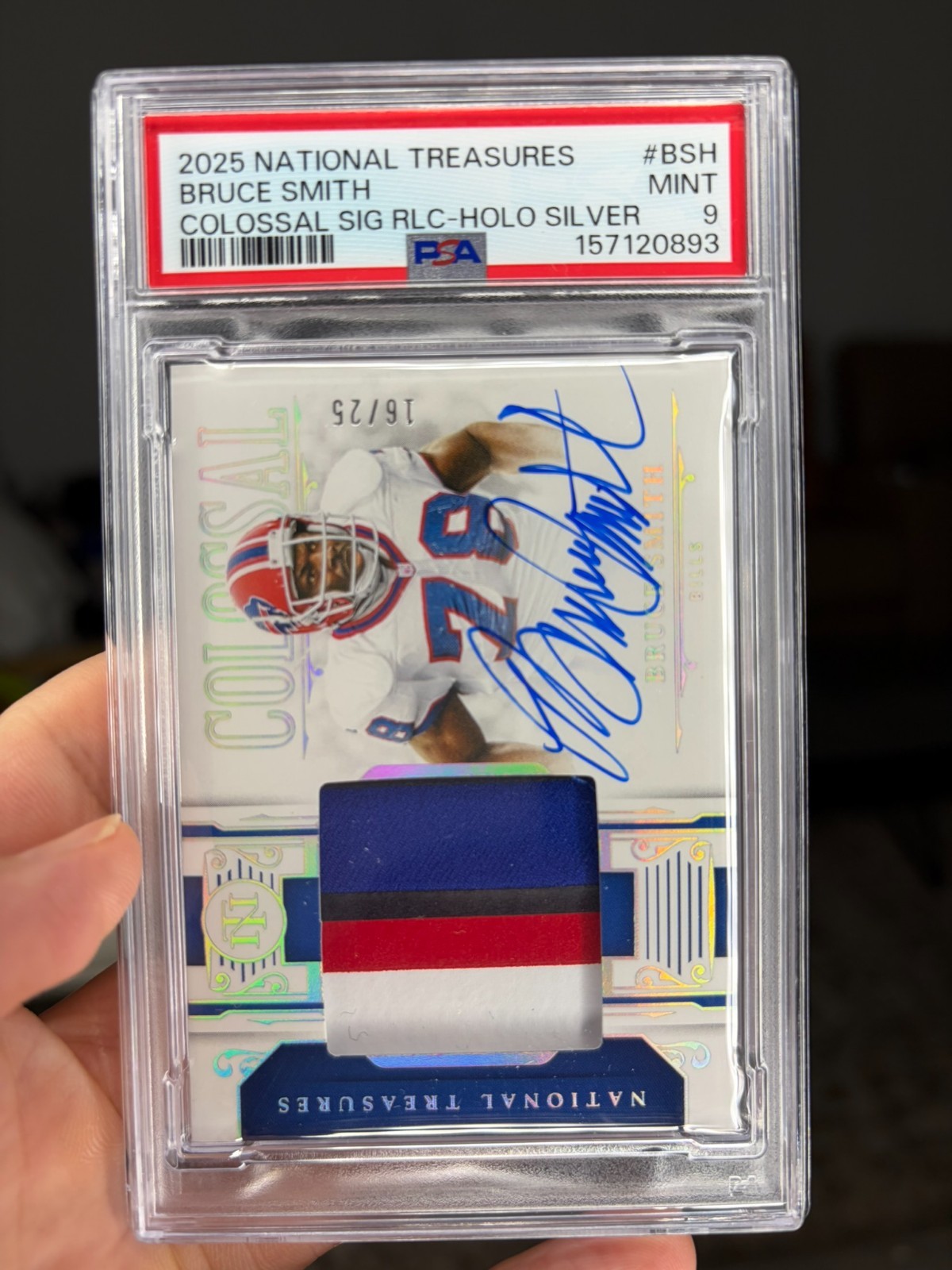 2025 National Treasures Solossal Relic Auto Silver /25 Bruce Smith PSA 9 Mint