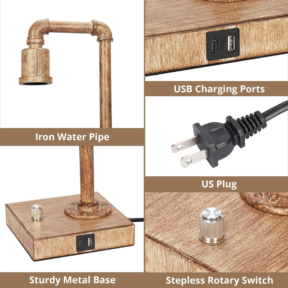 Lámpara de mesa Steampunk para tubo de agua con puertos USB C+A, mesita de noche regulable continua Foto 4 de 4