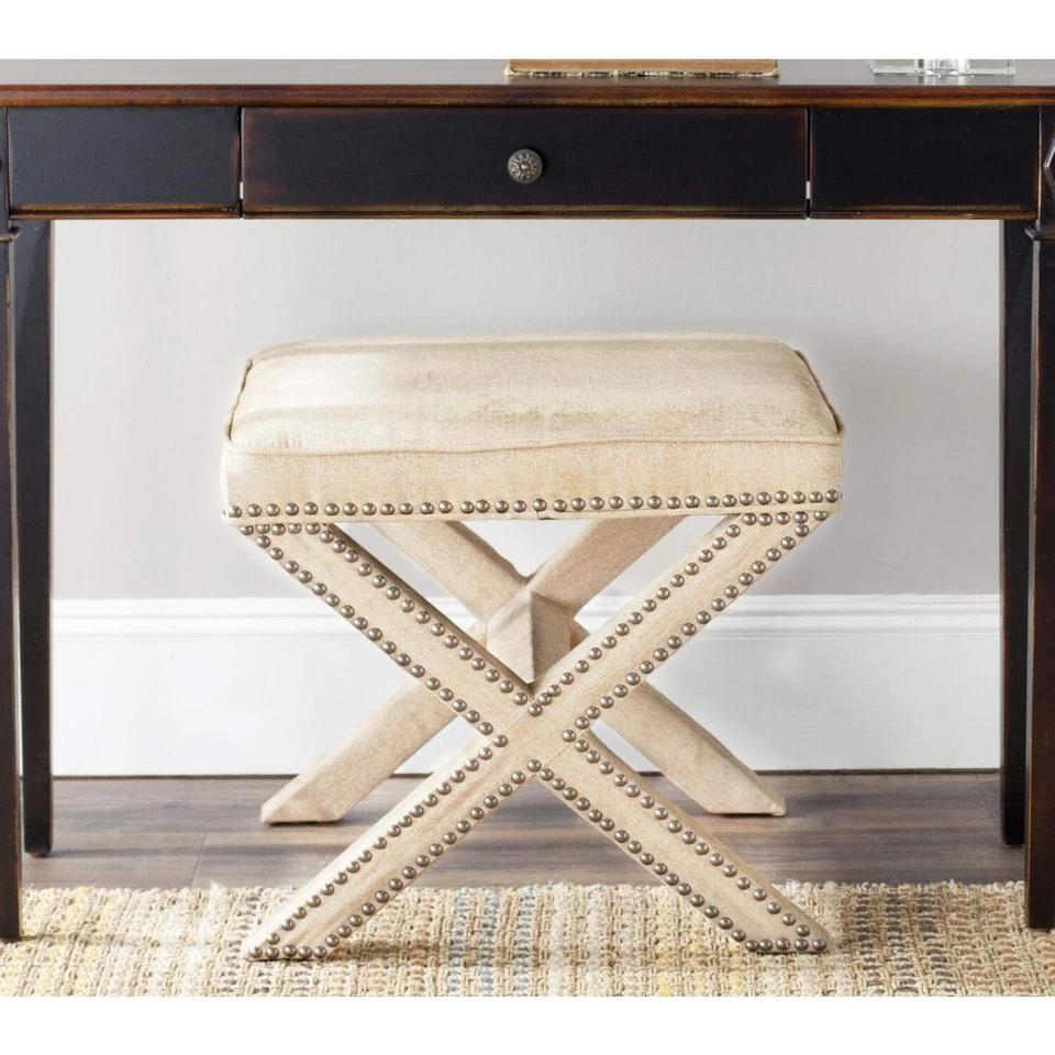 Colección Hogar Palmer Azul Cielo con Borde de Cabeza de Clavo Plateado X-Bench Otomana Foto 2 de 4