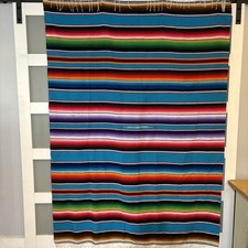 Vintage Mexican Serape Blanket Fringe Striped Colorful Hand Woven 82  x 60  Aztec