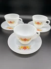Vintage Fire King Milk Glass Cosmos Flowers Coffee Tea Cups And Saucers(3)