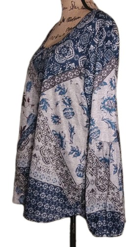 One World - Blue & Gray Boho Floral Paisley Long Sleeve Tunic - Women's Size XL - Picture 2 of 4