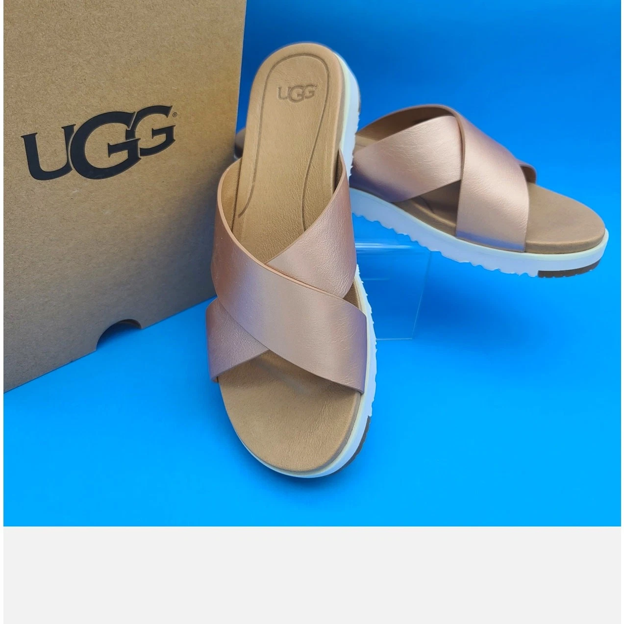 Sandali Ugg Kari donna nuovi con scatola 6 pelle oro metallizzato cinturino incrociato gomma sol