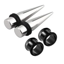 Stainless Steel Ear Taper Stretching Kit and Black Single Flare Gauges Plugs ...