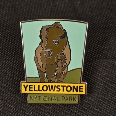 Vintage Yellowstone National Park Bison Enamel Lapel Pin Teal Yellow Souvenir
