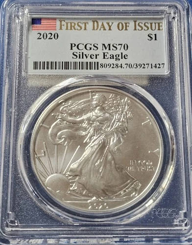 2020 SILVER EAGLE PCGS MS70, FIRST DAY OF ISSUE, FDOI FLAG