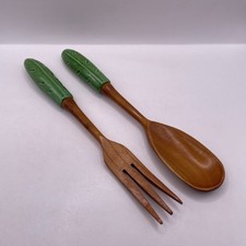 Vintage Continental Salad Servers with Green Porcelain Handles 10" Inches Long