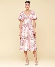 Avec Les Filles women's 6 pink floral print puff sleeve midi dress linen blend