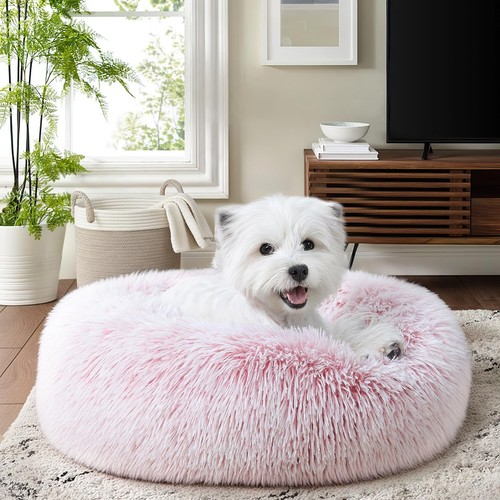 Small Dog Bed, Donut Round Calming Dog Cat Bed, Anti-Anxiety Fluffy Plush Fau...