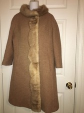   Gorgeous Vintage 60s Nude Brown Wool Blonde MINK FUR Trim Princess Coat S  