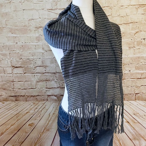 tommy hilfiger womens striped knit fringe scarf gray black metallic 2009